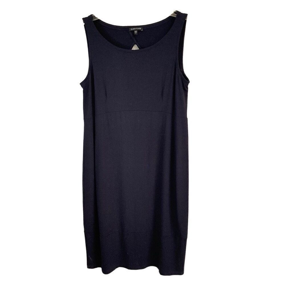 Eileen Fisher Navy Blue Scoop Neck Keyhole Back Sheath Pull Over Dress Womens M